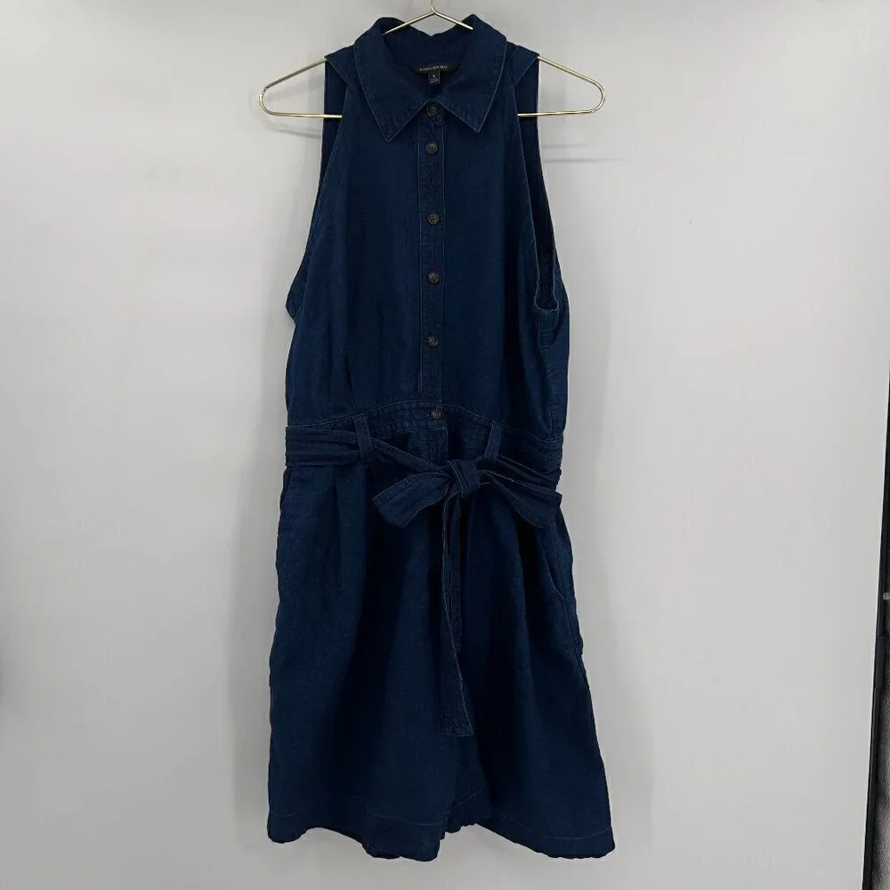 Banana Republic Plus Women's Blue Dark Wash Linen Sleeveless Belted Romper 16